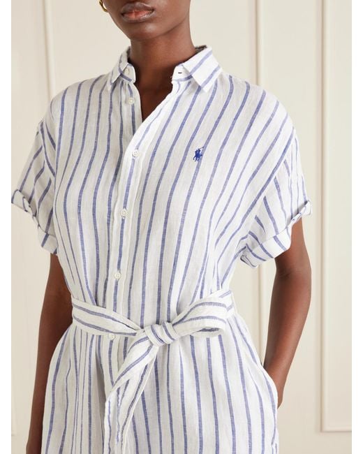 Polo Ralph Lauren Blue Belted Striped Linen Midi Dress