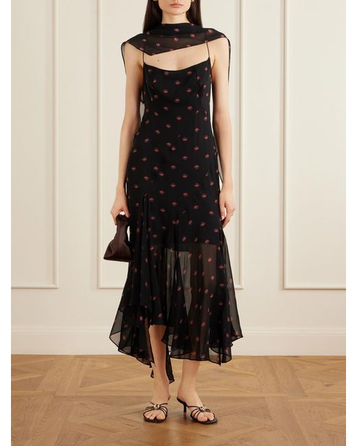 LIBEROWE Black Aubrey Floral-Print Silk-Chiffon Gown