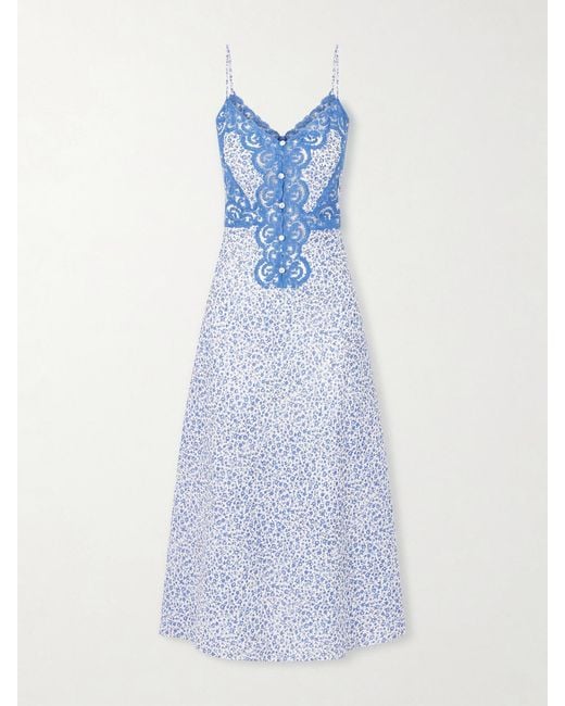Loretta Caponi Blue Palmira Floral-Print Lace-Trimmed Cotton Maxi Dress