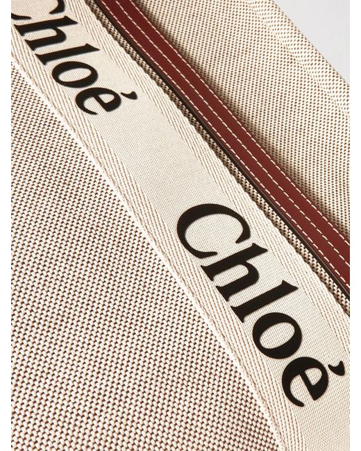 Chloé Natural Net Sustain Woody Mittelgroße Tote Aus Leinen Mit Lederbesätzen