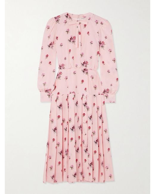 Robe Midi En Crêpe De Chine De Soie À Imprimé Fleuri, Plis Et Nœud Alessandra Rich en coloris Pink