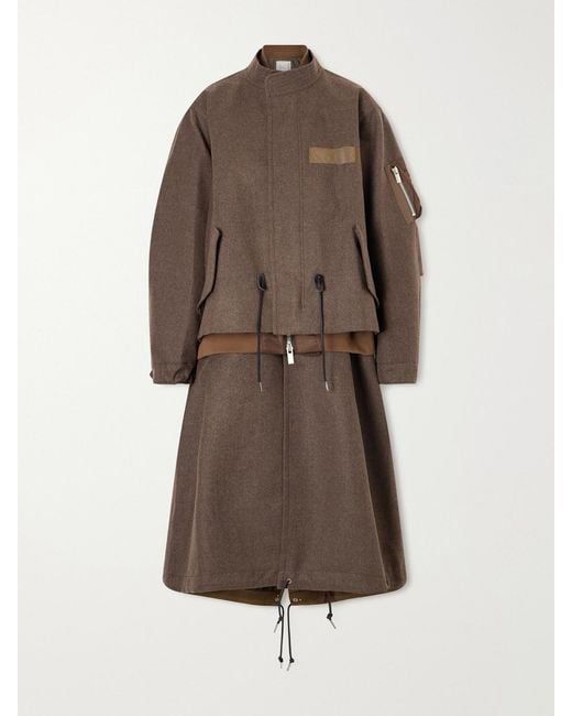 Sacai Brown Shell-Trimmed Wool-Flannel Coat