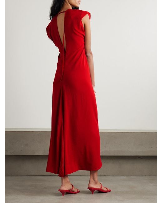 St. Agni Red Plunge Draped Crepe Maxi Dress