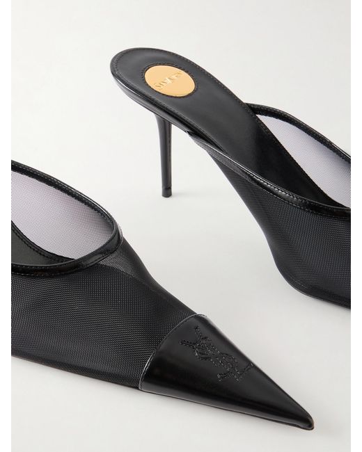 Saint Laurent White Renée Cassandre-Embroidered Patent Leather-Trimmed Mesh Mules