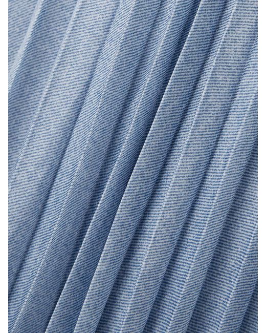 Sacai Blue Wrap-Effect Denim-Paneled Pleated Printed Crepe De Chine Midi Skirt