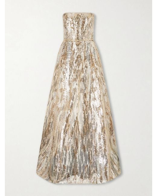 Elie Saab White Strapless Belted Sequin-Embellished Tulle Gown