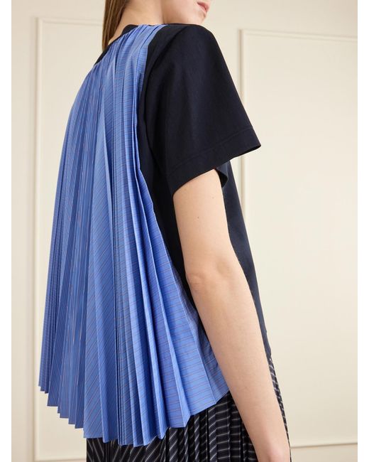 Sacai Blue Pleated Striped Cotton-Jersey And Poplin T-Shirt