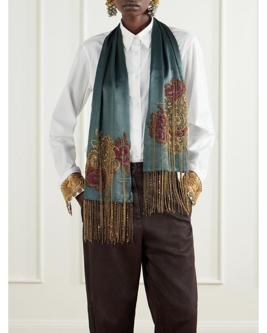 Dries Van Noten Green Fringed Bead-Embellished Silk Scarf