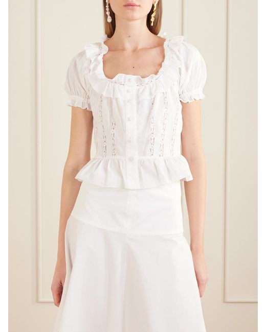 Loretta Caponi White Terracina Ruffled Lace-Trimmed Cotton-Poplin Blouse