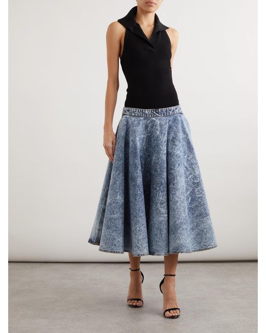 Alaïa Blue Stretch-Knit And Pleated Denim Midi Skirt