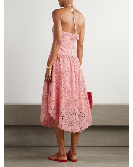 Farm Rio Pink Palm Tree Scalloped Broderie Anglaise Cotton Midi Dress