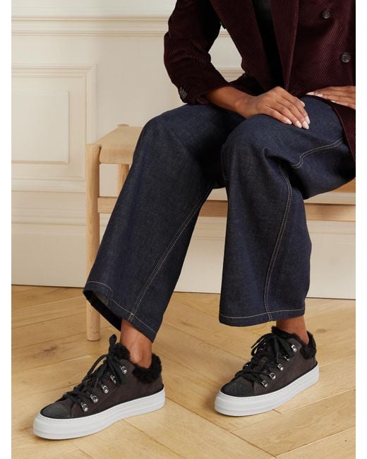 Brunello Cucinelli Brown Sneakers Aus Veloursleder Mit Shearling-Futter Und Zierperlen