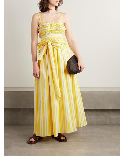 Loretta Caponi Yellow Anghiari Belted Striped Cotton-Blend Poplin Midi Dress