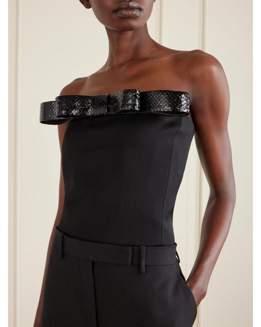 Tom Ford Black Off-The-Shoulder Snake-Effect Leather-Trimmed Wool-Twill Top