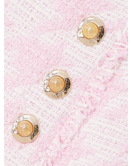 Balmain Pink Button-Embellished Pleated Checked Cotton-Blend Tweed Mini Skirt