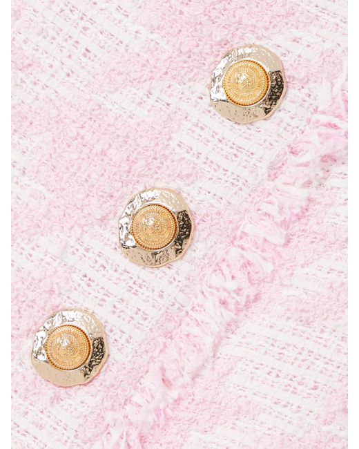 Balmain Pink Button-Embellished Pleated Checked Cotton-Blend Tweed Mini Skirt