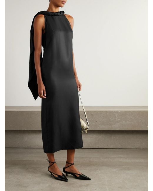 Loulou de Saison Black Susan Tie-Detailed Draped Silk-Twill Midi Dress