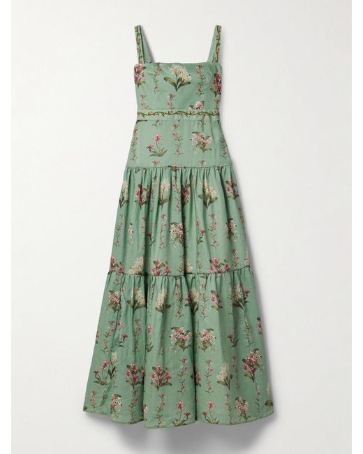 Agua Bendita Green Lima Orquidea Tiered Embellished Floral-Print Linen Maxi Dress