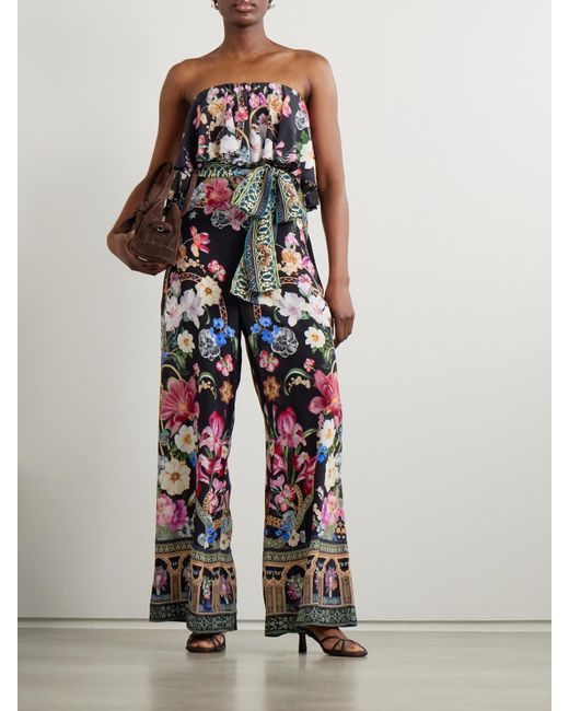 Camilla White Strapless Embellished Printed Silk Crepe De Chine Jumpsuit