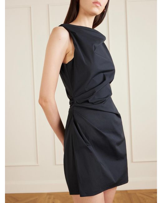 Staud Black Callie Gathered Cotton-Blend Poplin Mini Dress
