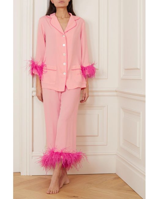 Sleeper Party Feather trimmed Twill Pajama Set in Pink Lyst