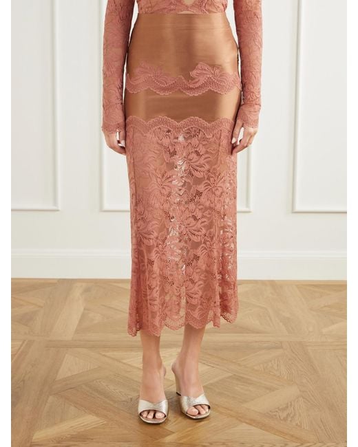 Rabanne Pink Lace-Trimmed Stretch-Satin Midi Skirt