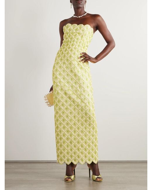 Clio Peppiatt Yellow Ariel Trägerlose Robe Aus Satin Mit Verzierungen Und Wellenkanten