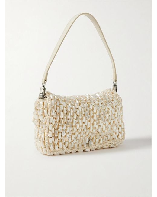 Staud Natural Timmy Schultertasche Aus Raffiabast Mit Lederbesätzen Und Kunstperlen