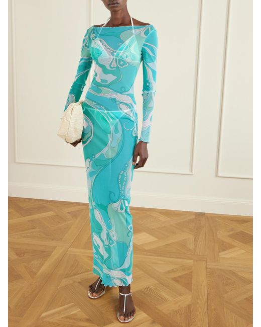 Emilio Pucci Blue Ruffled Printed Tulle Maxi Dress