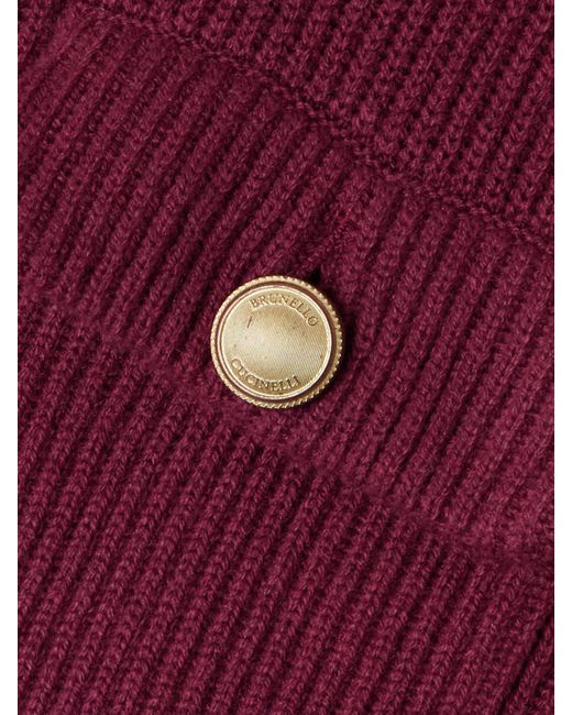 Brunello Cucinelli Purple Cardigan Aus Einer Gerippten Mischung Aus Wolle, Kaschmir Und Seide