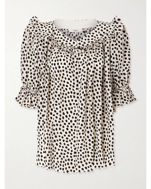 Chloé White Gathered Polka-Dot Silk Crepe De Chine Blouse