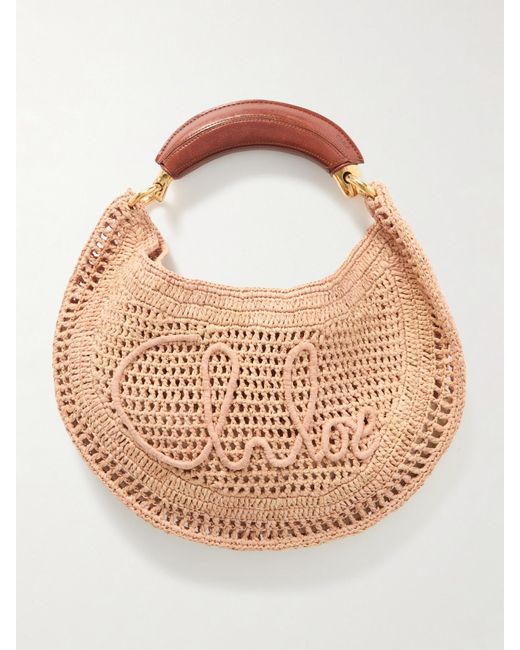 Chloé Pink Summer Banana Leather-Trimmed Embroidered Raffia Tote