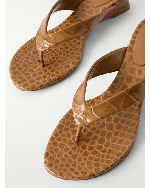 Le Monde Beryl Brown Micro Wedge Croc-Effect Leather Thong Sandals