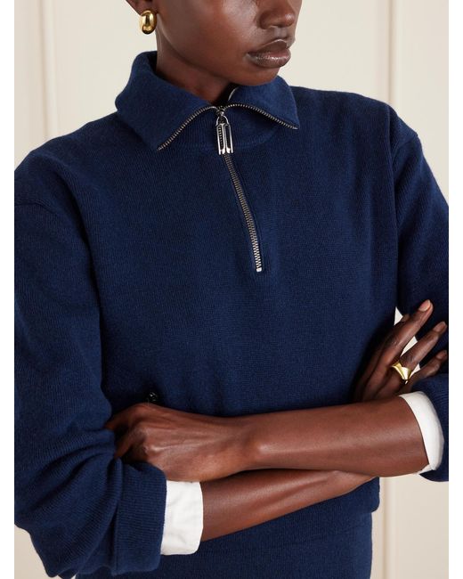 Victoria Beckham Blue Milano Merino Wool And Cashmere-Blend Half-Zip Sweater