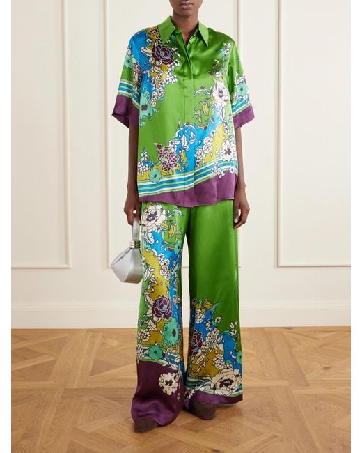 ALÉMAIS Green Nanci Printed Silk-Satin Shirt