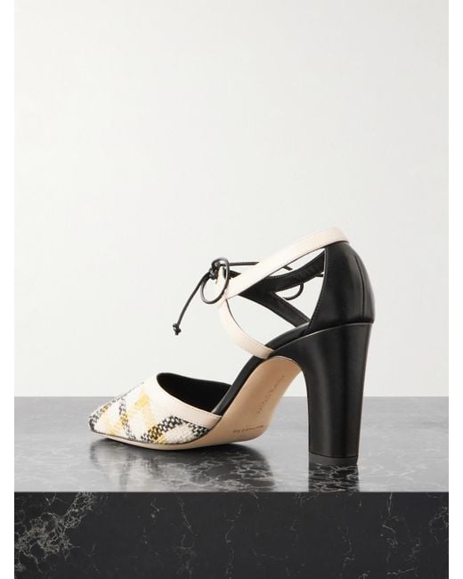 Manolo Blahnik Black Subura Leather-Trimmed Checked Wool Pumps