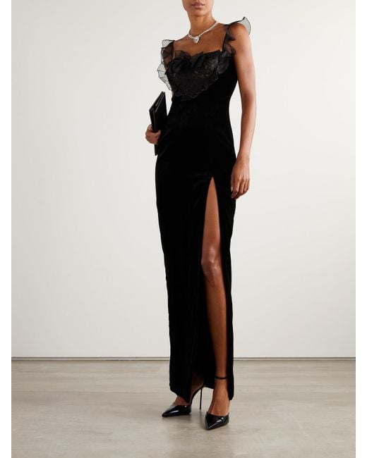 Alessandra Rich Black Bow-Embellished Lace And Silk-Trimmed Velvet Gown