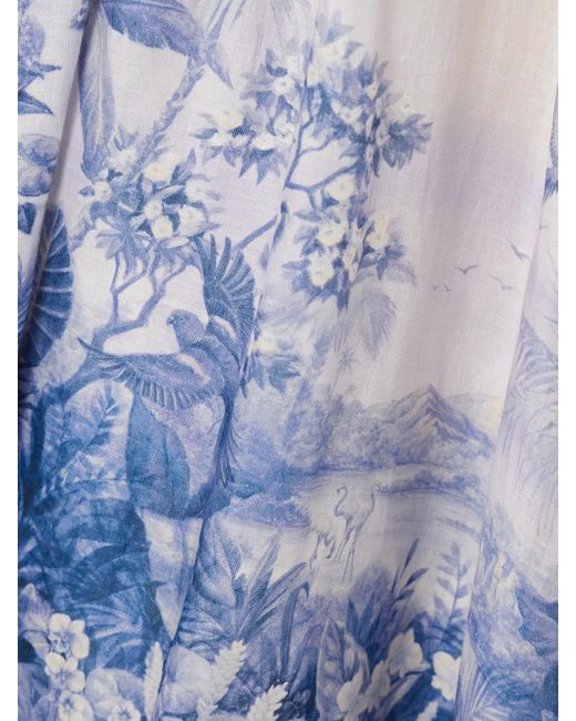 Zimmermann Blue Wylie Shirred Printed Linen Midi Dress