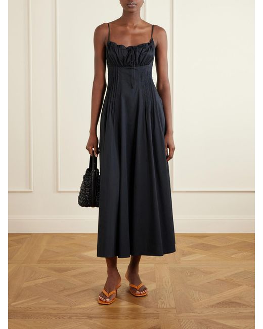 Staud Blue Margi Ruffled Pleated Cotton-Stretch Poplin Midi Dress