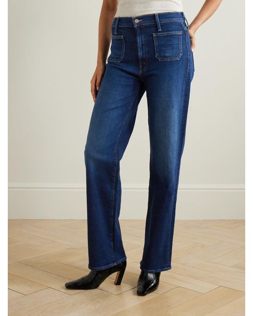 Mother Blue Patch Pocket Rambler Zip High-Rise Straight-Leg Jeans