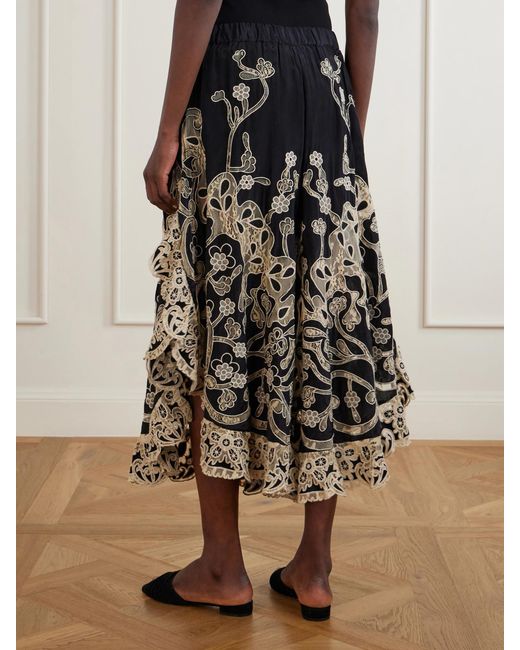 Sea Black Gracelyn Ruffled Lace-Trimmed Cotton Wide-Leg Pants