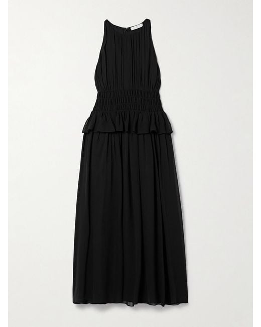 Ulla Johnson Black Adeline Shirred Silk Crepe De Chine Peplum Midi Dress