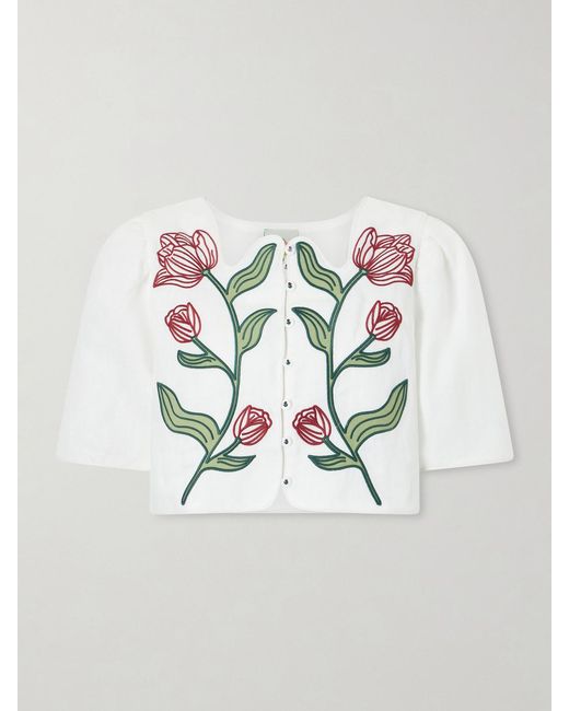 Farm Rio Natural Floral-Embroidered Cropped Linen Top