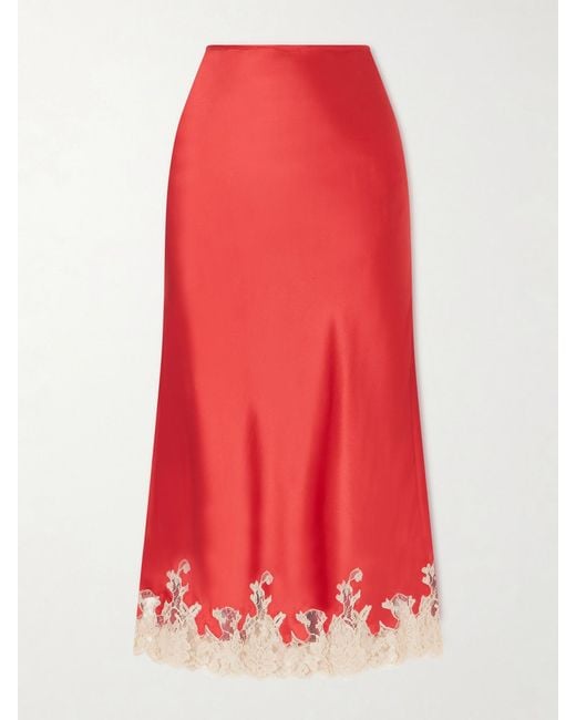 Kiki de Montparnasse Red Orchid Lace-Trimmed Silk-Satin Midi Skirt