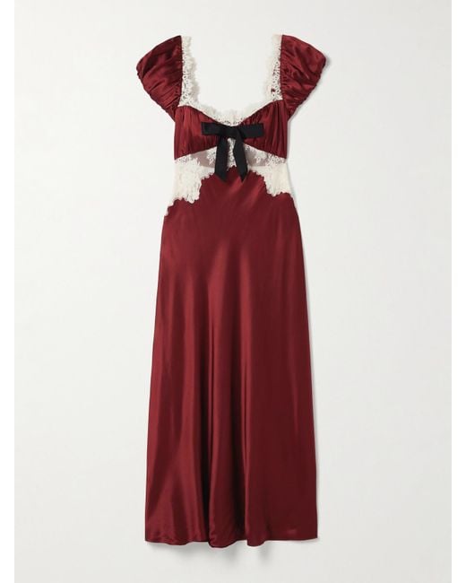 Doen Red Veda Bow-Detailed Corded Lace-Trimmed Silk-Charmeuse Midi Dress