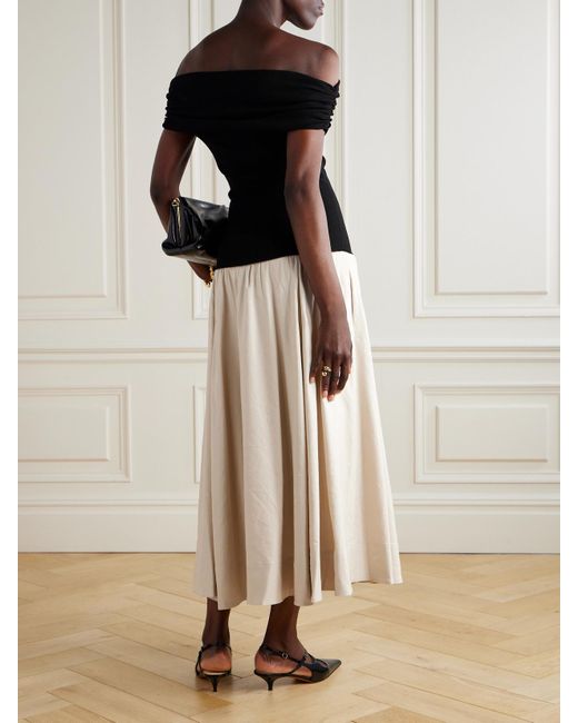Jonathan Simkhai Black Adaline Schulterfreies Midikleid Aus Einer Leinenmischung Und Recyceltem Glänzendem Jersey