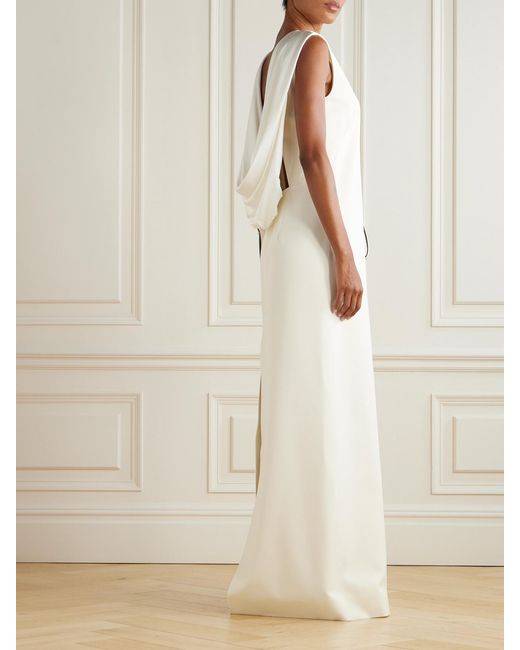 Sa Su Phi White Tuxedo Open-Back Draped Silk-Blend Satin-Trimmed Wool Maxi Dress