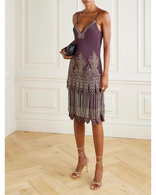 Bode Purple Epoque Fringed Embroidered Embellished Silk-Crepe Midi Dress