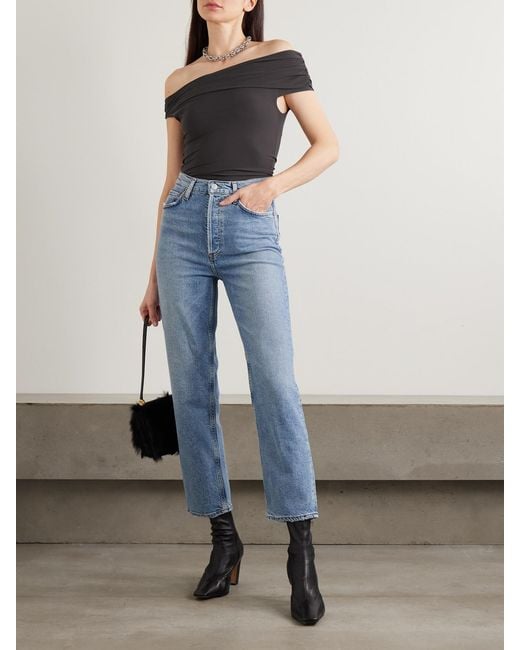 Agolde Blue '90S Pinch Waist Cropped Distressed Mid-Rise Straight-Leg Jeans