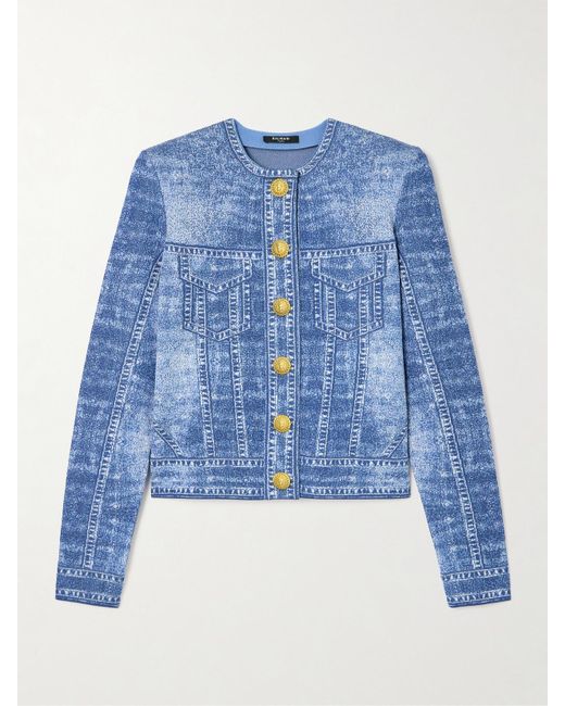 Balmain Blue Cardigan Aus Jacquard-Strick Mit Trompe-L'Œil-Print